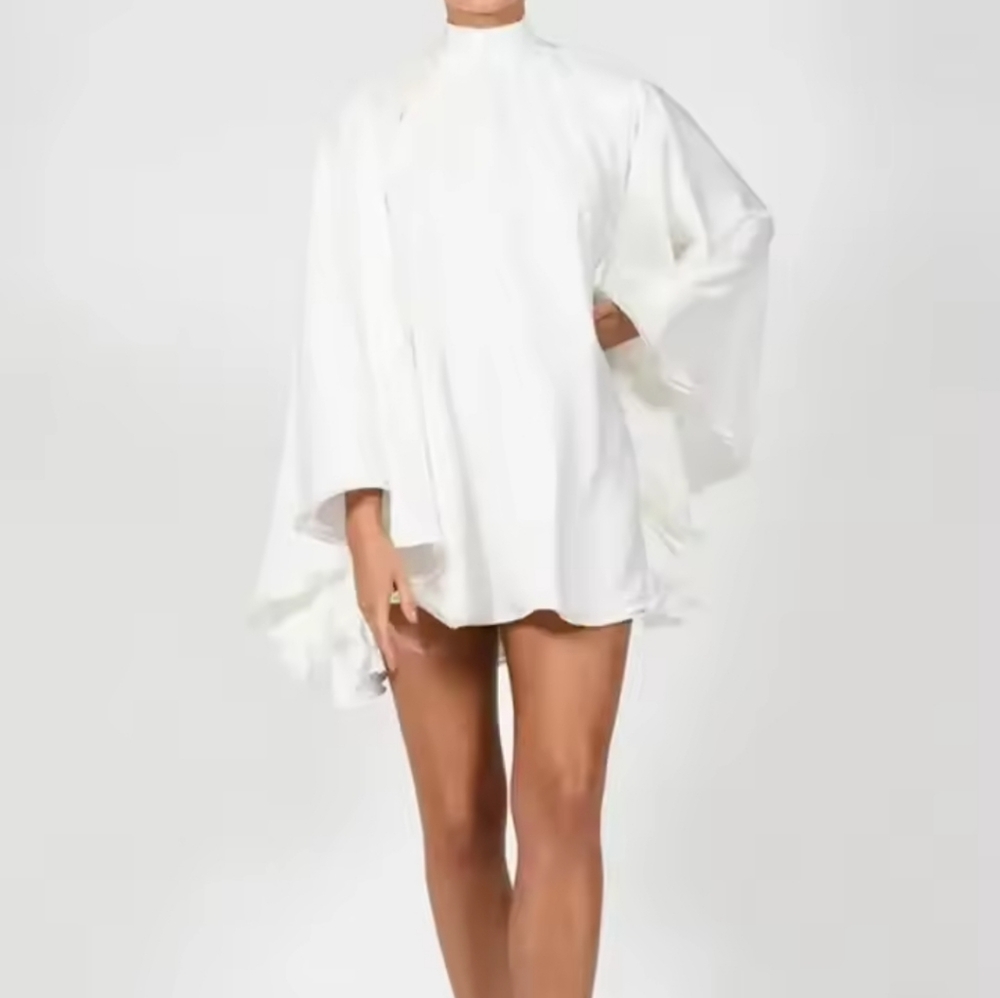 Women's White Turtleneck Long Ruffled SleevesBackless Dress 2025 Summer Spring - Picture 4 of 7